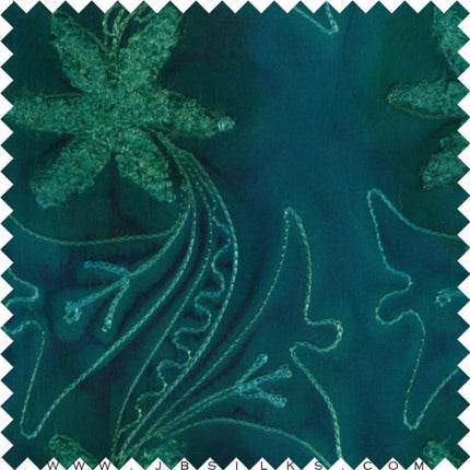 Novelty Embroidered Hand Painted Silk Crepe Fabric JB228 Deep Teal by JB Silks