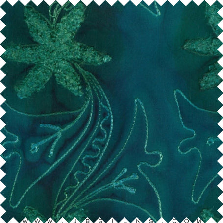 Novelty Embroidered Hand Painted Silk Crepe Fabric JB228 Deep Teal by JB Silks