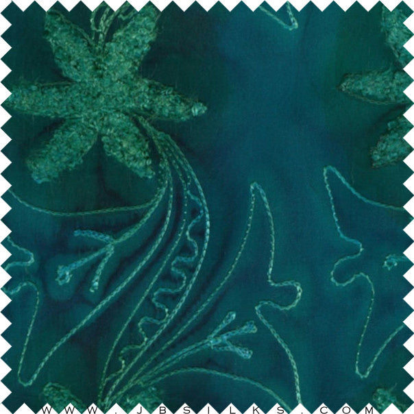 Novelty Embroidered Hand Painted Silk Crepe Fabric JB228 Deep Teal by JB Silks