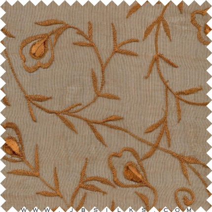 Novelty Embroidered Silk Gazar Fabric JB147 color Burnt Caramel  with Floral Vines by JB Silks