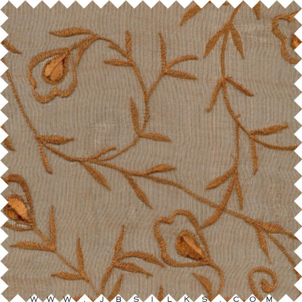 Novelty Embroidered Silk Gazar Fabric JB147 color Burnt Caramel  with Floral Vines by JB Silks