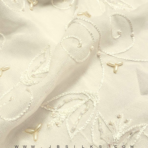 Embroidered Beaded Silk Chiffon Fabric JB143 color 101 Light Ivory by JB Silks