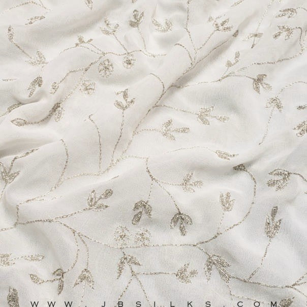 Embroidered Beaded Silk Chiffon Georgette Fabric JB254 White with Silver & Gold Metallic Threads by JB Silks