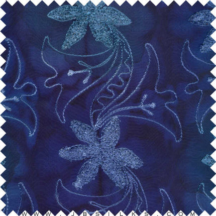 Novelty Embroidered Hand Painted Silk Crepe Fabric JB227 color Blue by JB Silks